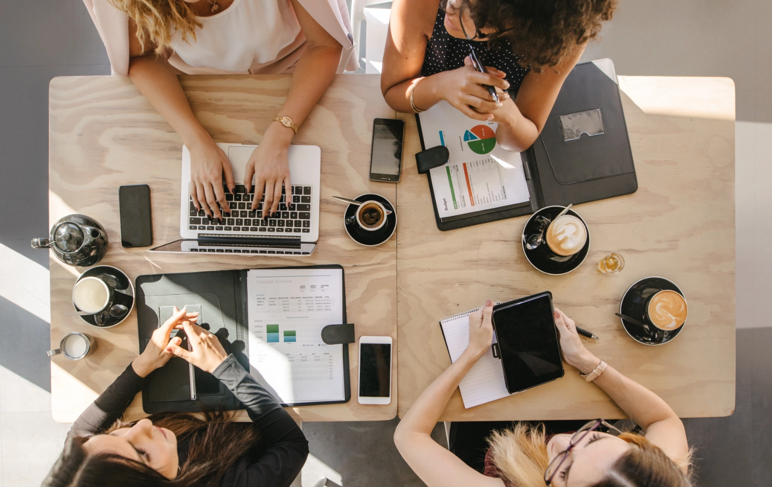 Employees sitting around a desk